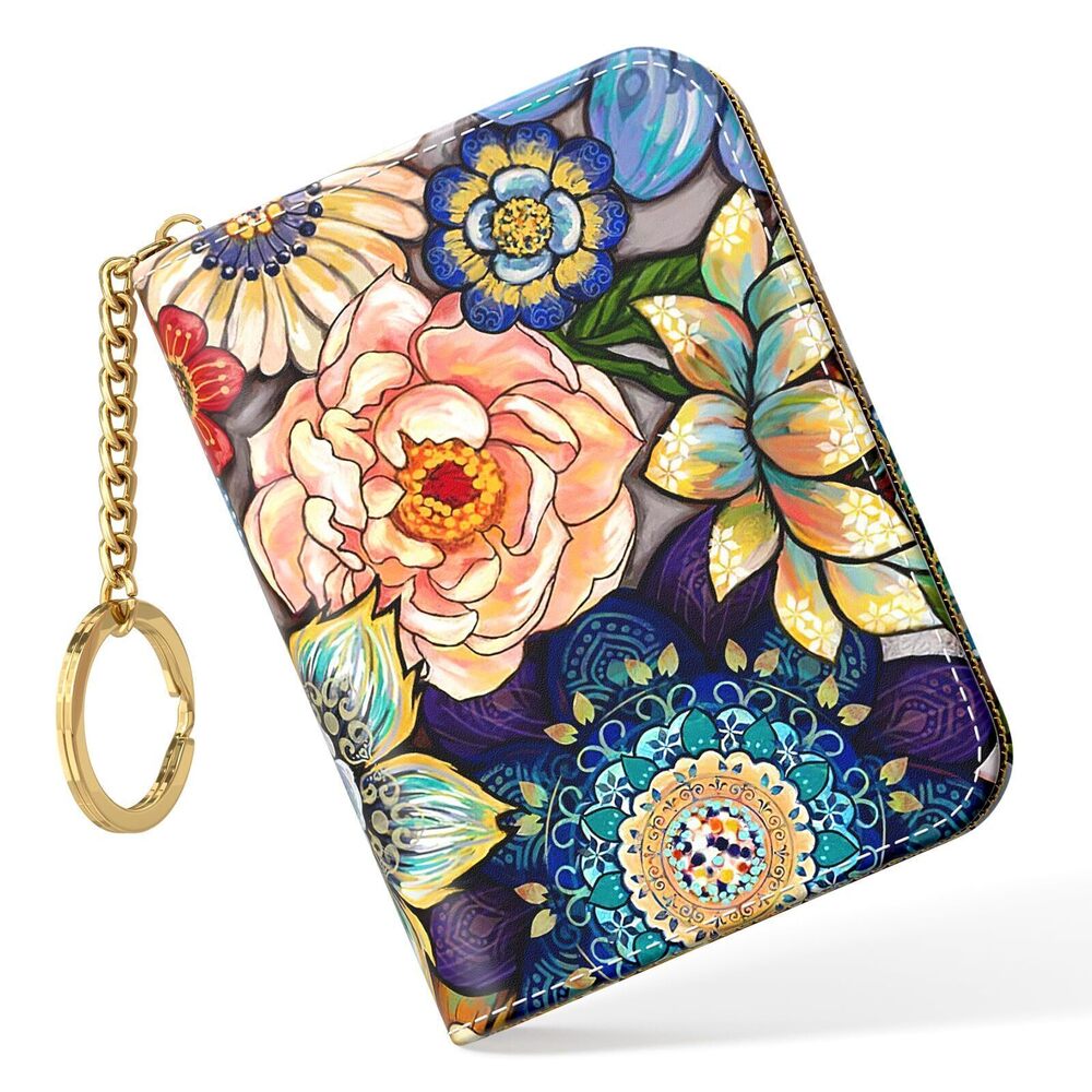 1257 RFID Blocking Small Leather Wallet, Mandala Flower, Slim and Compact